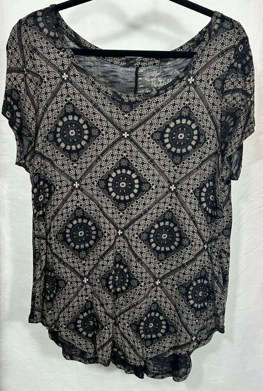 Lucky Brand Black Beige Geometric Boho Print Short Sleeve Top Size L